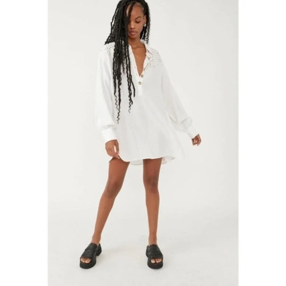 FREE PEOPLE Vera Shirtdress Eyelet Embroidered Linen Blend Ivory White